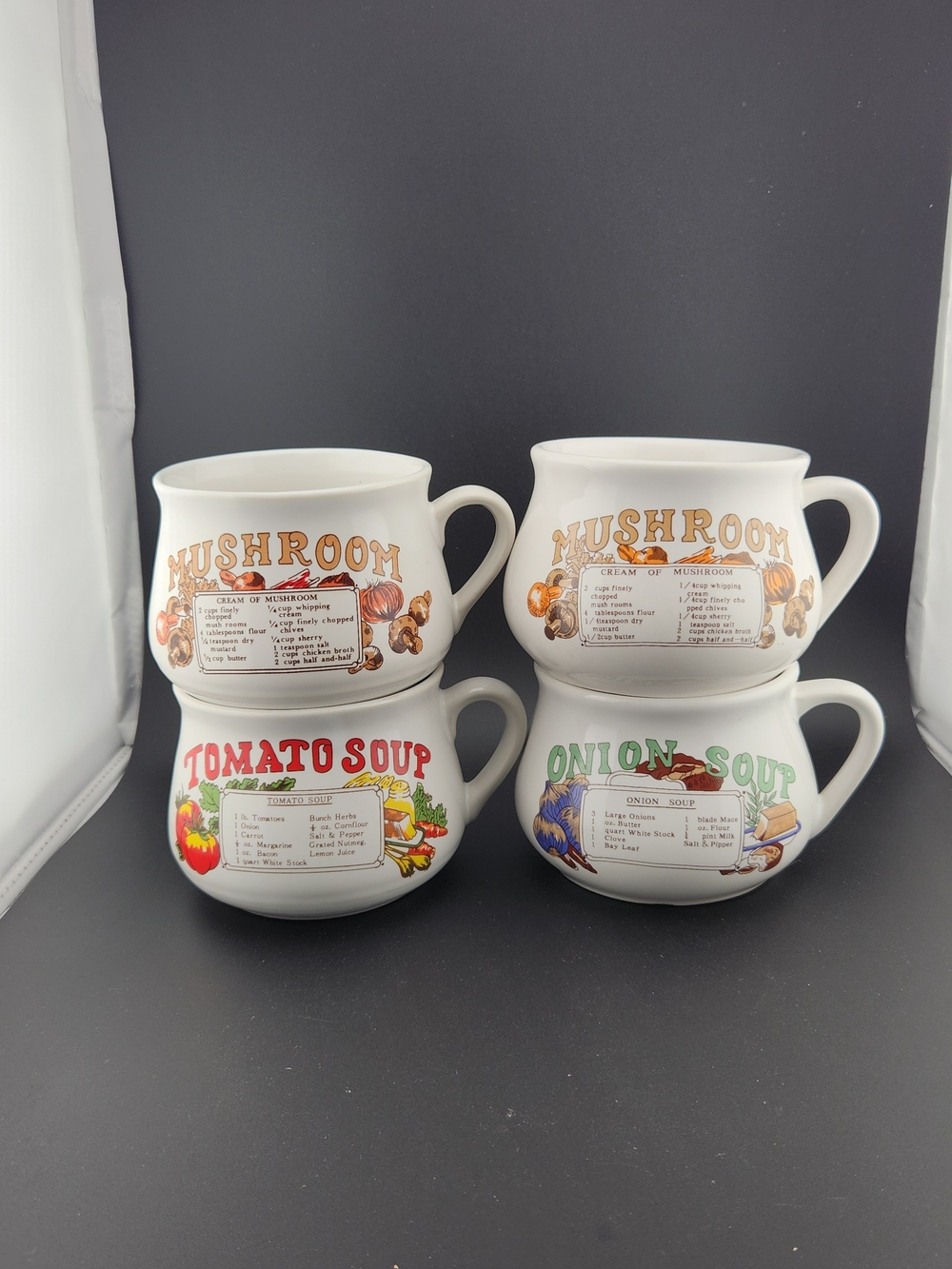 White Ceramic Soup Mugs Set with Mushroom, Tomato, and Onion Designs